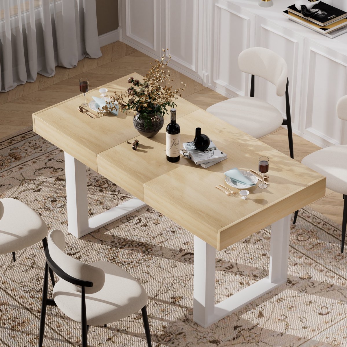 MODENUIT Eettafel - Uitschuifbaar 120-160 Cm - Retro Stijl Voor Keuken En Eetkamer - Spaanplaat - Naturel Wit