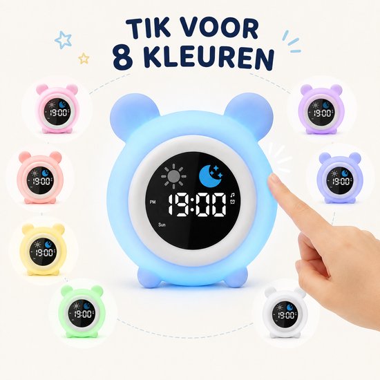 Sercano Slaaptrainer Kinderen Siliconen - Kinderwekker met Nachtlampje - Witte Ruis & 8 Geluiden - Valbestendig - Digitale Wekker - Tik voor 8 Kleuren - 1800mAh - Oplaadbaar van Sercano — afbeelding 5