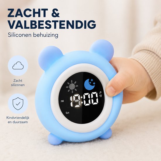 Sercano Slaaptrainer Kinderen Siliconen - Kinderwekker met Nachtlampje - Witte Ruis & 8 Geluiden - Valbestendig - Digitale Wekker - Tik voor 8 Kleuren - 1800mAh - Oplaadbaar van Sercano — afbeelding 3