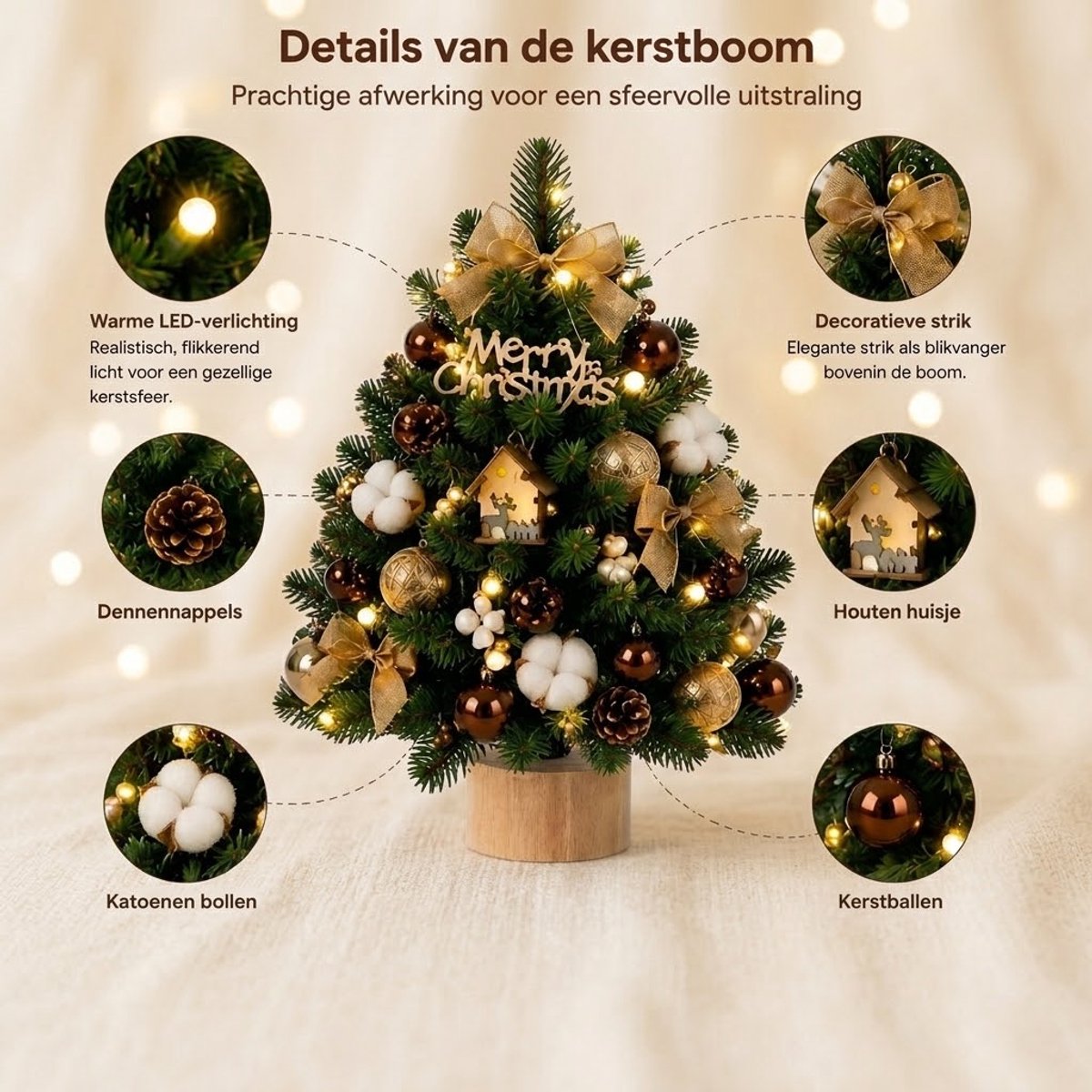 Mini Kunstkerstboom 60 cm- Tafelkerstboom 60 cm met LED, Kerstdecoratie, PVC+PE & Houten Voet – Sfeervolle Tafelkerstboom – Tafel Decoratie – Kerst Versiering voor Thuis & Kantoor – foto 8