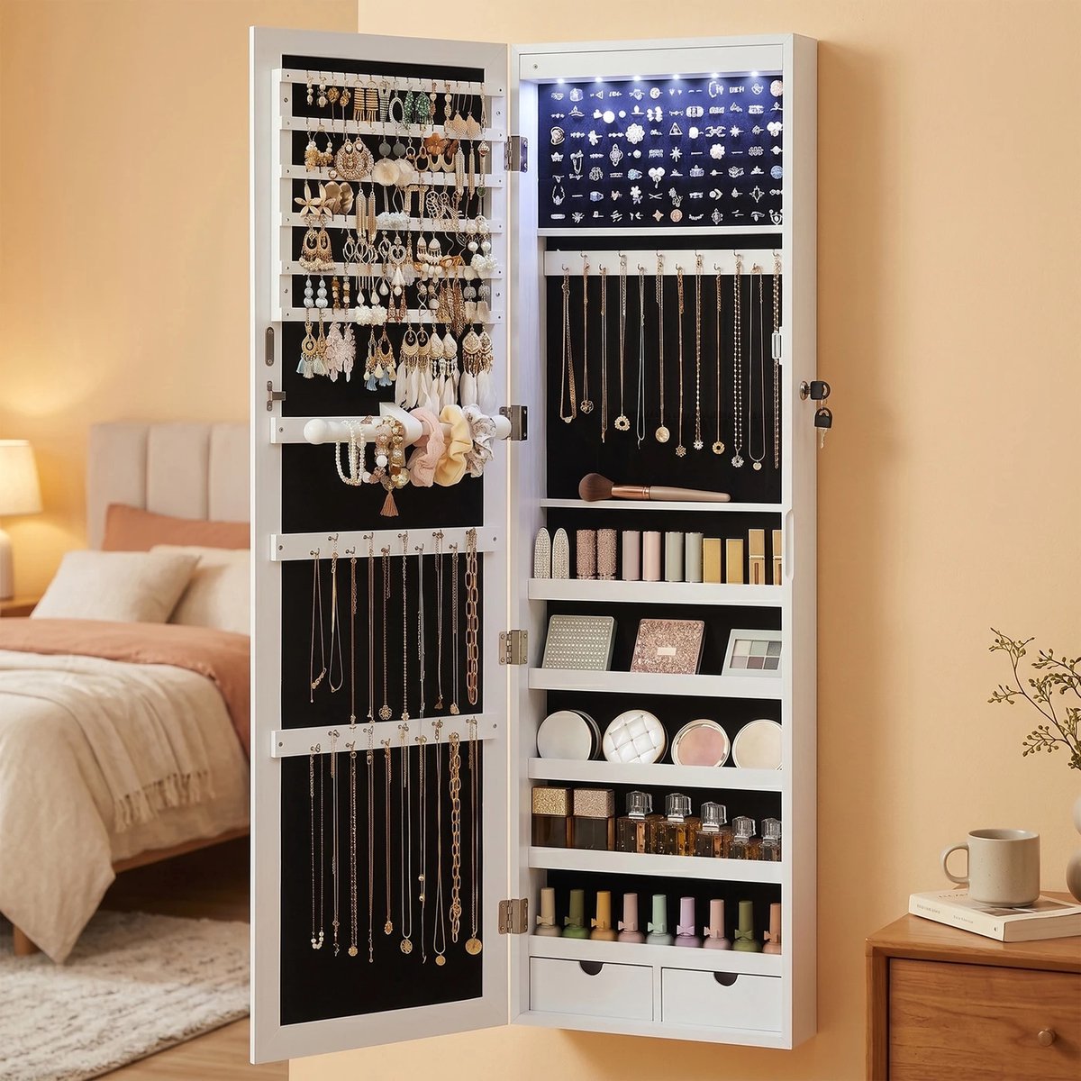 Sieradenkast met spiegel LED verlichting wandmontage sieraden organizer met 47 vakken wit 120 cm hoog