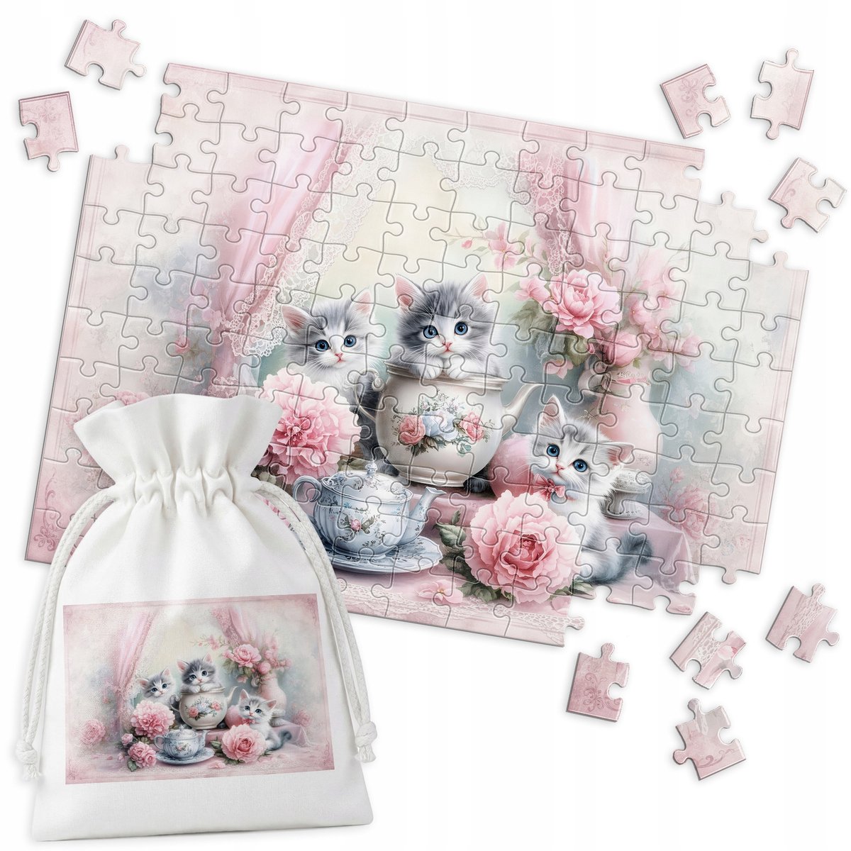 Traditionele Puzzel: Drie Kittens met Rozen, 120 Stukjes