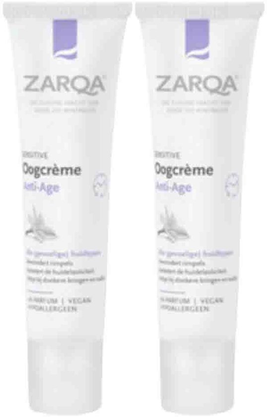 Twee tubes Zarqa Anti-Age oogcrème met paarse logo's en illustraties van een bloem. "ZARQA POSITIVE Oogcrème Anti-Age" staat op de verpakking.