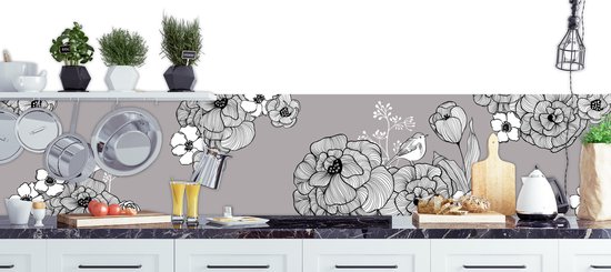 Keukenwand - Grijs/Wit Bloemen met vogeltje