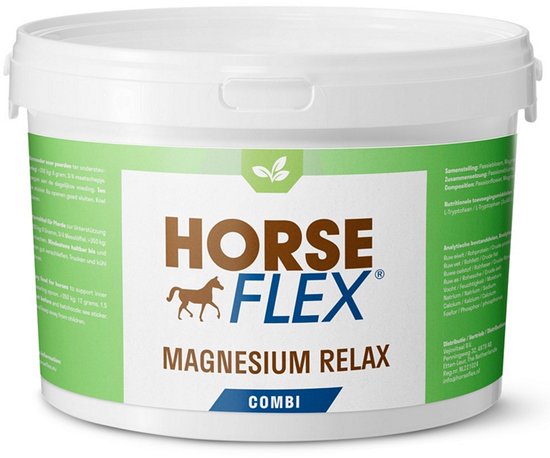 Witte emmer met HorseFlex Magnesium Relax Combi etiket in groen en wit met een paard silhouet.