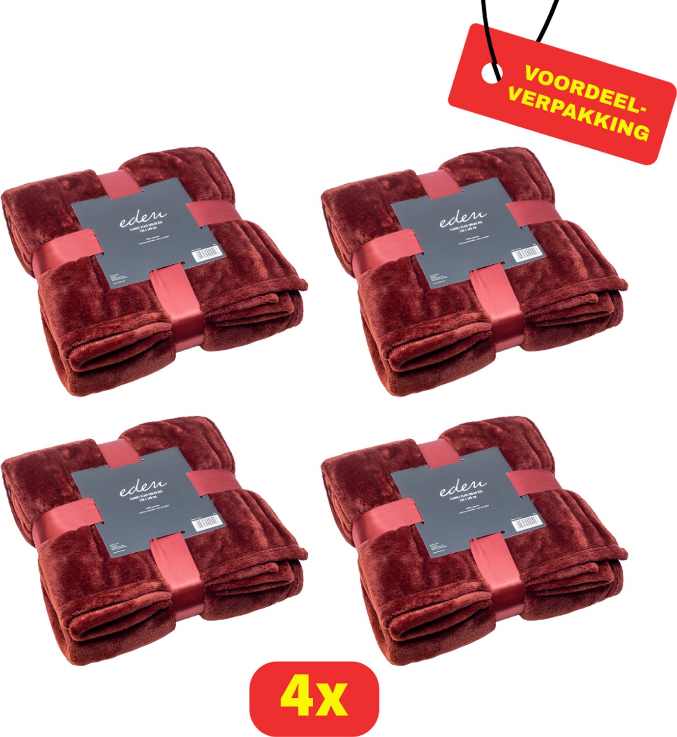 Eden Flanellen Plaid Rood - Luxe Fleece Dekentje - Zacht - 130x180 cm - 4 stuks - Voordeelverpakking