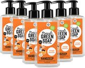 Set van zes doorzichtige flessen Marcel's Green Soap handzeep 'Orange Jasmine' met oranje etiketten.