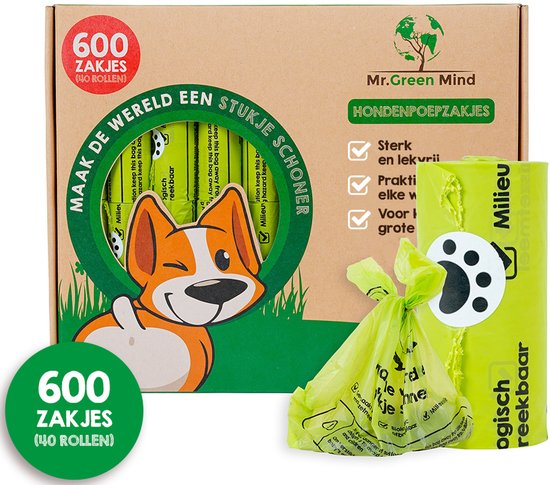 600 biologisch afbreekbare, lekvrije poepzakjes van Mr. Green Mind met een tekening van een hond op de verpakking.
