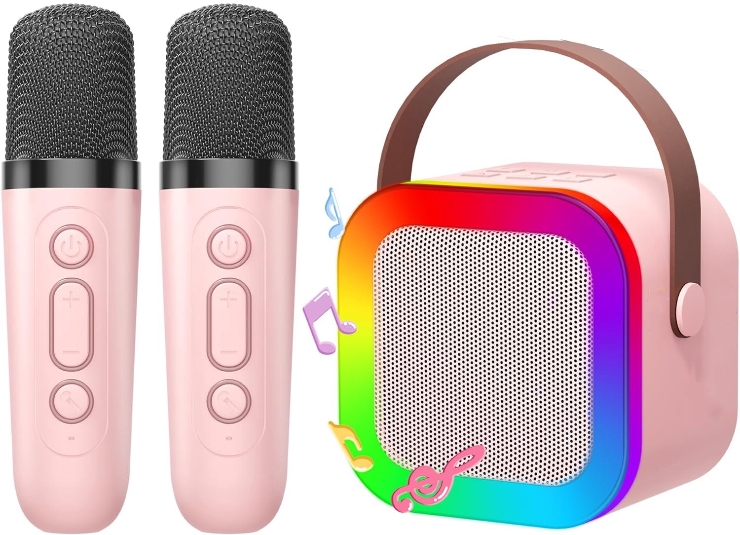 Mini Karaoke Set - Met Bluetooth Speaker & Microfoons - Draagbaar Karaoke Machine - 5 Stemvervormers - Kleurrijke LED Verlichting - Roze - Voor Thuis en Feestjes - Verjaardagscadeau Voor Kinderen