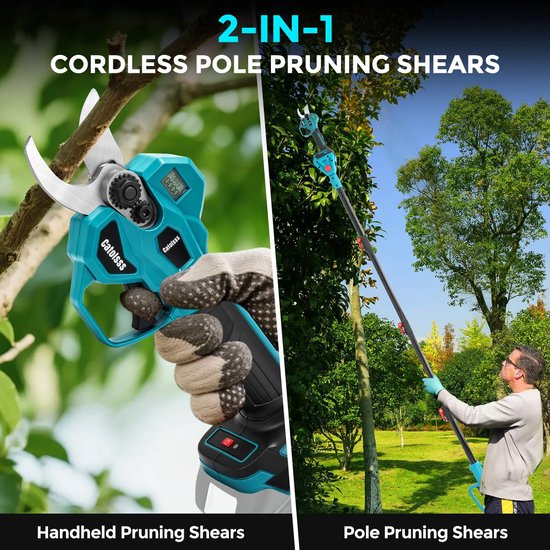 Accu takkenschaar compatibel met Makita 18V batterij, opening 32 mm, Max 45 mm snijdiameter, met 2 m verlengstang, LCD-digitaal display, voor het snoe — afbeelding 2