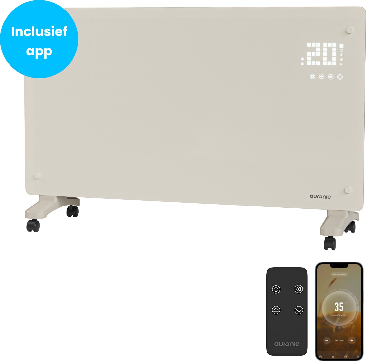 Auronic Elektrische Kachel Met App- 2500W - Convectorkachel Met Smart App & Afstandsbediening - Heater - Glazen Paneelverwarming - Badkamerverwarming - Beige