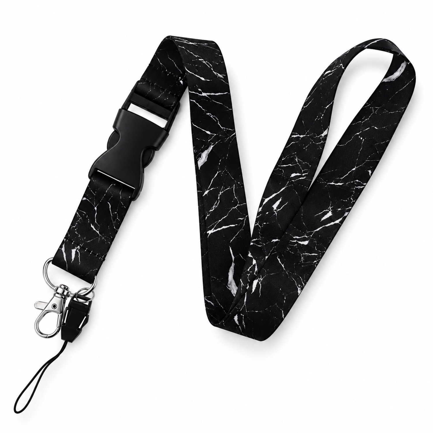 Travel Cords Keycord Marmer Zwart – Afkoppelbaar Kliksysteem – Lanyard voor Sleutels & Telefoon – 55 cm
