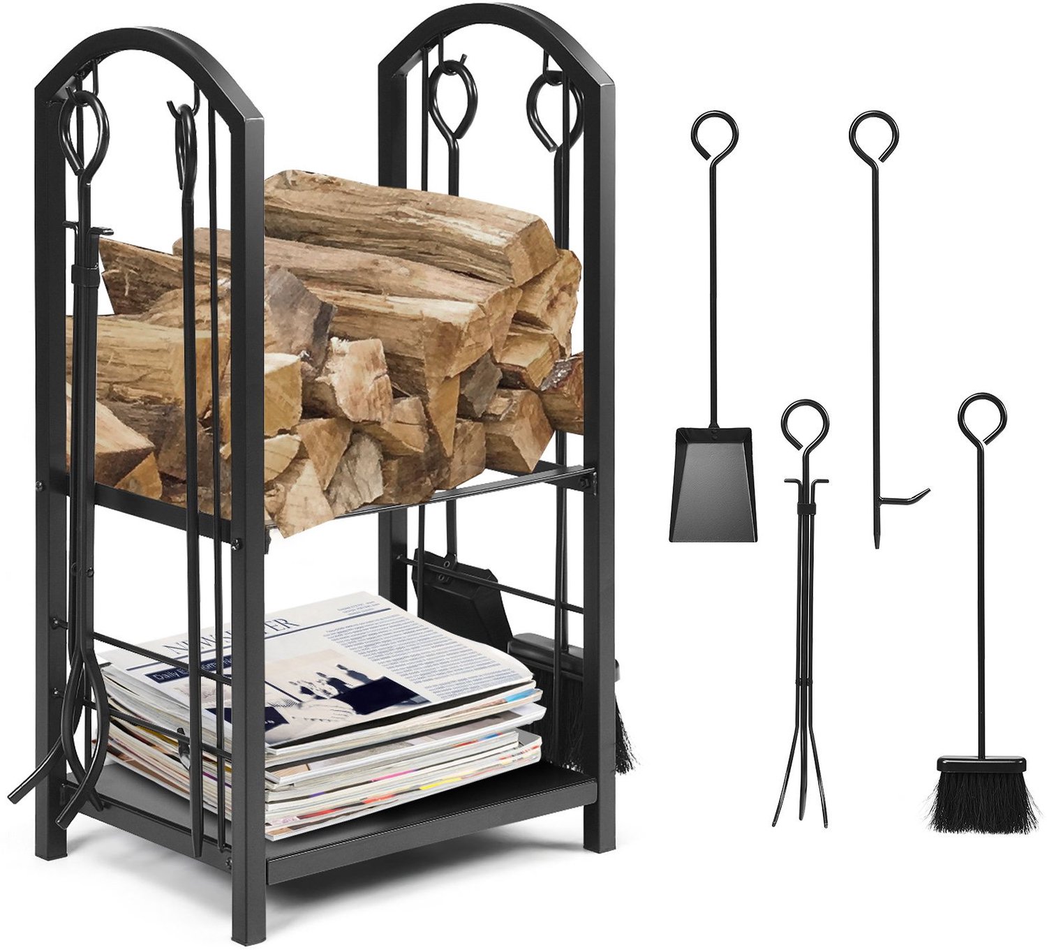 SureDeal® - Haardaccessoire - Vuurplaatsset Delig - Metalen Haardhoutrek Brandhoutstandaard - Planken Borstel Tang - 44x30x74 cm - Donkerbruin