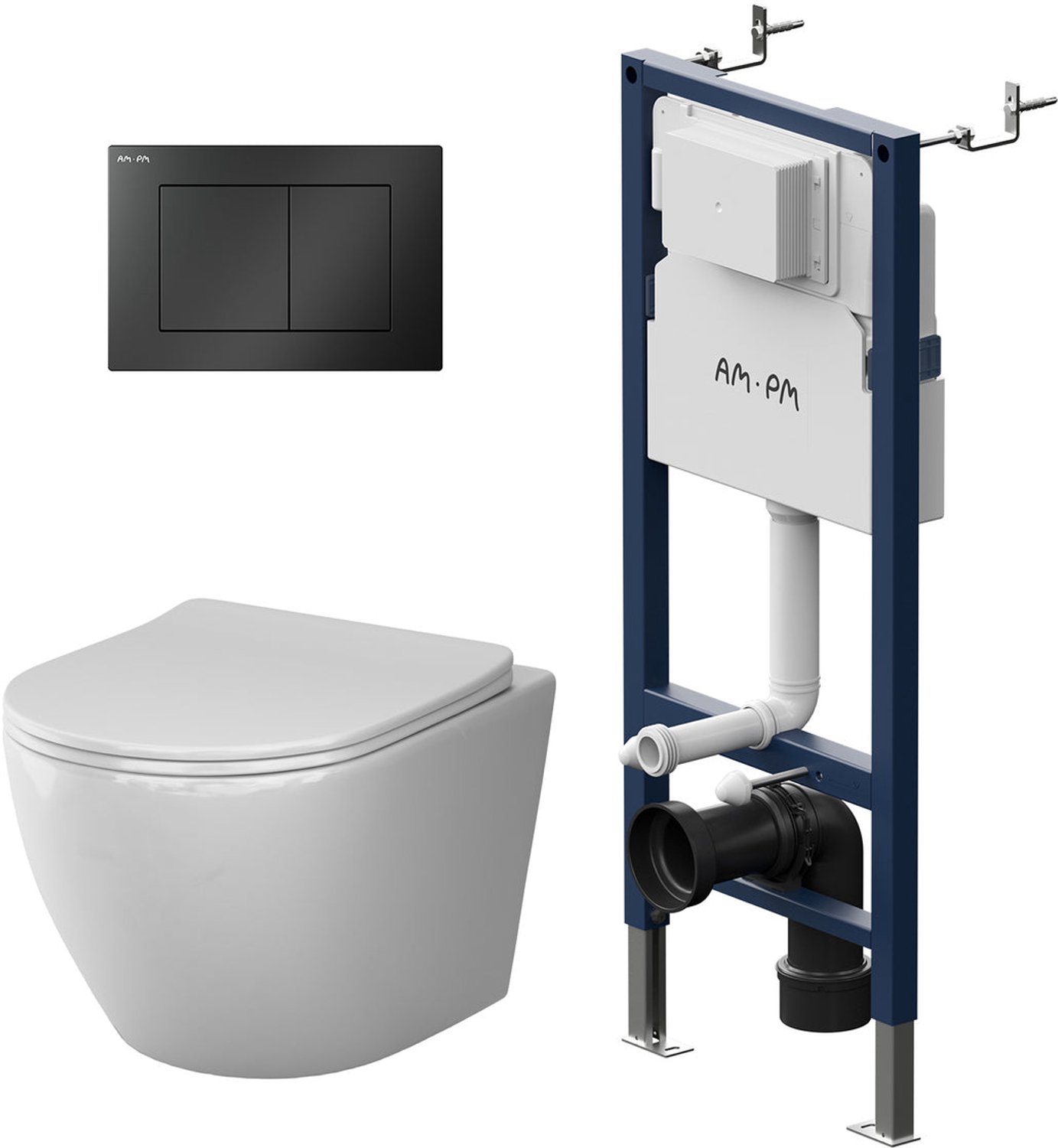 AM.PM X-Joy S complete hangtoiletset met inbouwreservoir – zwart bedieningspaneel