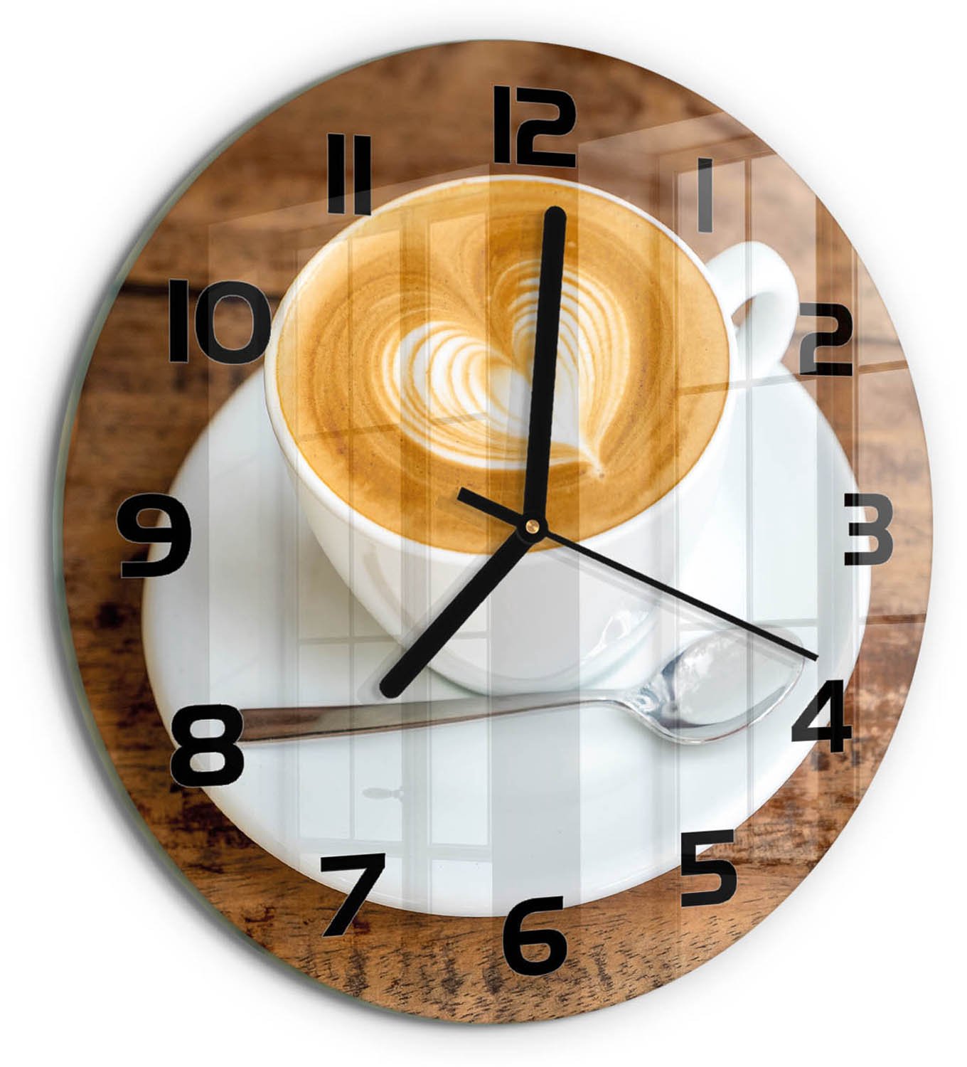 TULUP Wandklok - Koffie in een kopje Wandklok Glas Decoratie - fi30 cm - Bruin Gekleurde Glazen Klok - Zwarte handen - Ronde Klok - Klok Glas Met Opdruk - Moderne Wandklok Glas