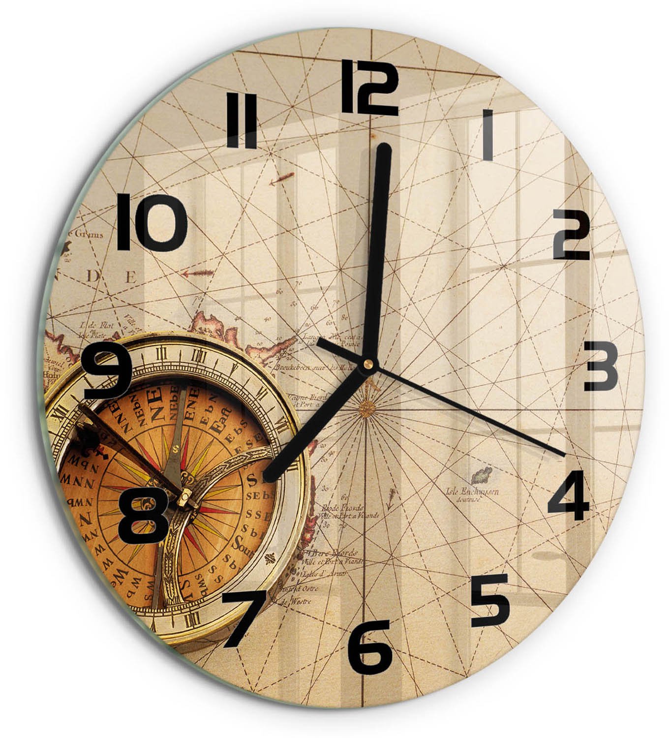 TULUP Wandklok - Kompas op de kaart Wandklok Glas Met Motief - fi30 cm - Beige Decoratieve Glazen Klok - Zwarte handen - Ronde Klok - Gekleurde Glazen Klok - Glazen Klok Met Print