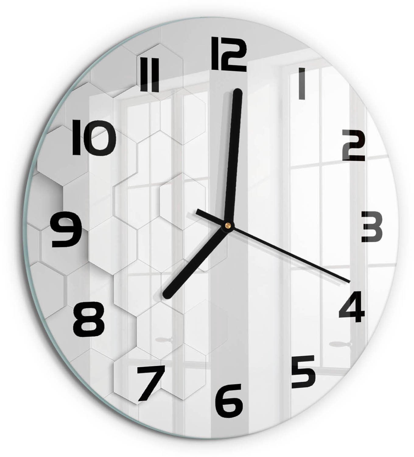 TULUP Wandklok - Zeshoekige achtergrond Decoratieve Glazen Klok - fi30 cm - Wit Glazen Wandklok Design - Zwarte handen - Ronde Klok - Glazen Klok Met Print - Wandklok Glas Met Motief