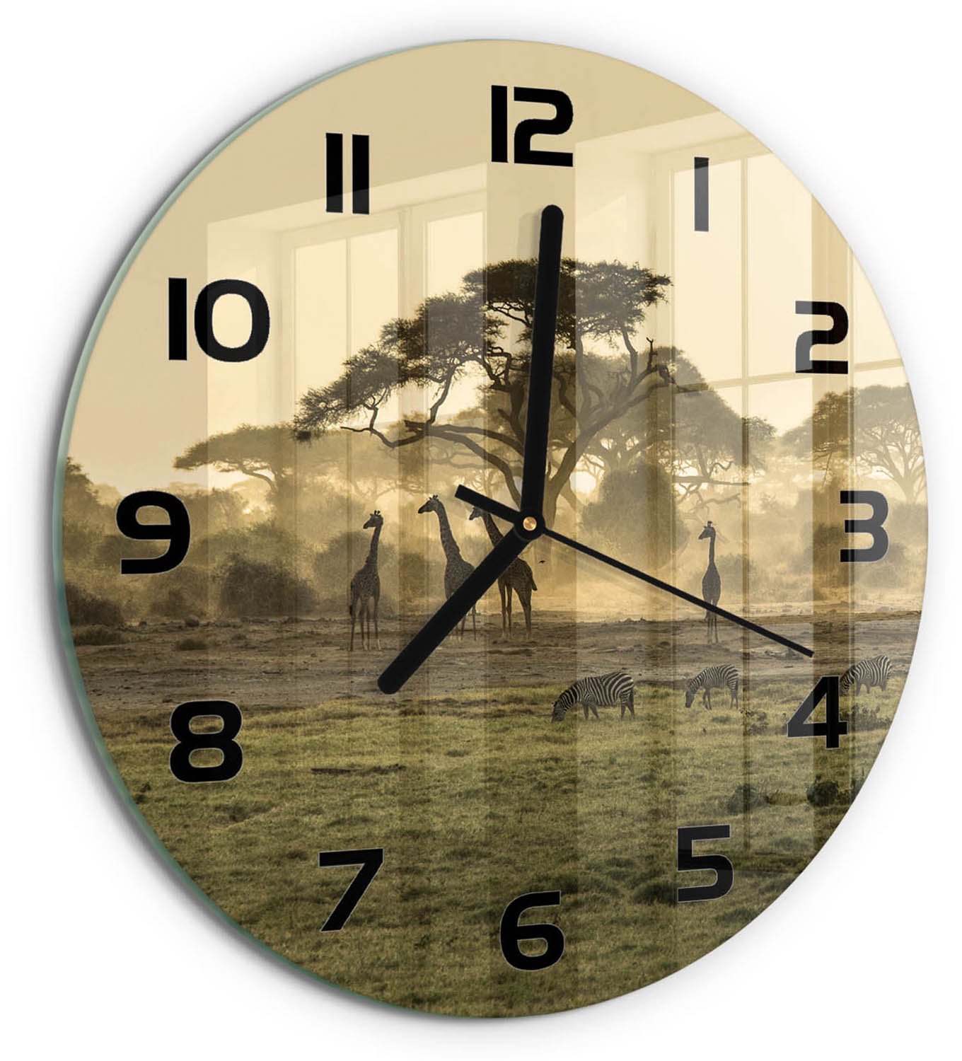 TULUP Wandklok - Giraffen in de savanne Glazen Klok Met Print - fi30 cm - Beige Wandklok Glas Met Motief - Zwarte handen - Ronde Klok - Wandklok Glas Decoratie - Gekleurde Glazen Klok
