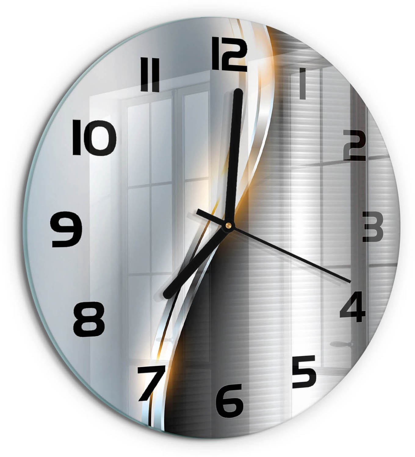 TULUP Wandklok - Metaalabstractie Decoratieve Glazen Klok - fi30 cm - Zilver Glazen Wandklok Design - Zwarte handen - Ronde Klok - Glazen Klok Met Print - Wandklok Glas Met Motief