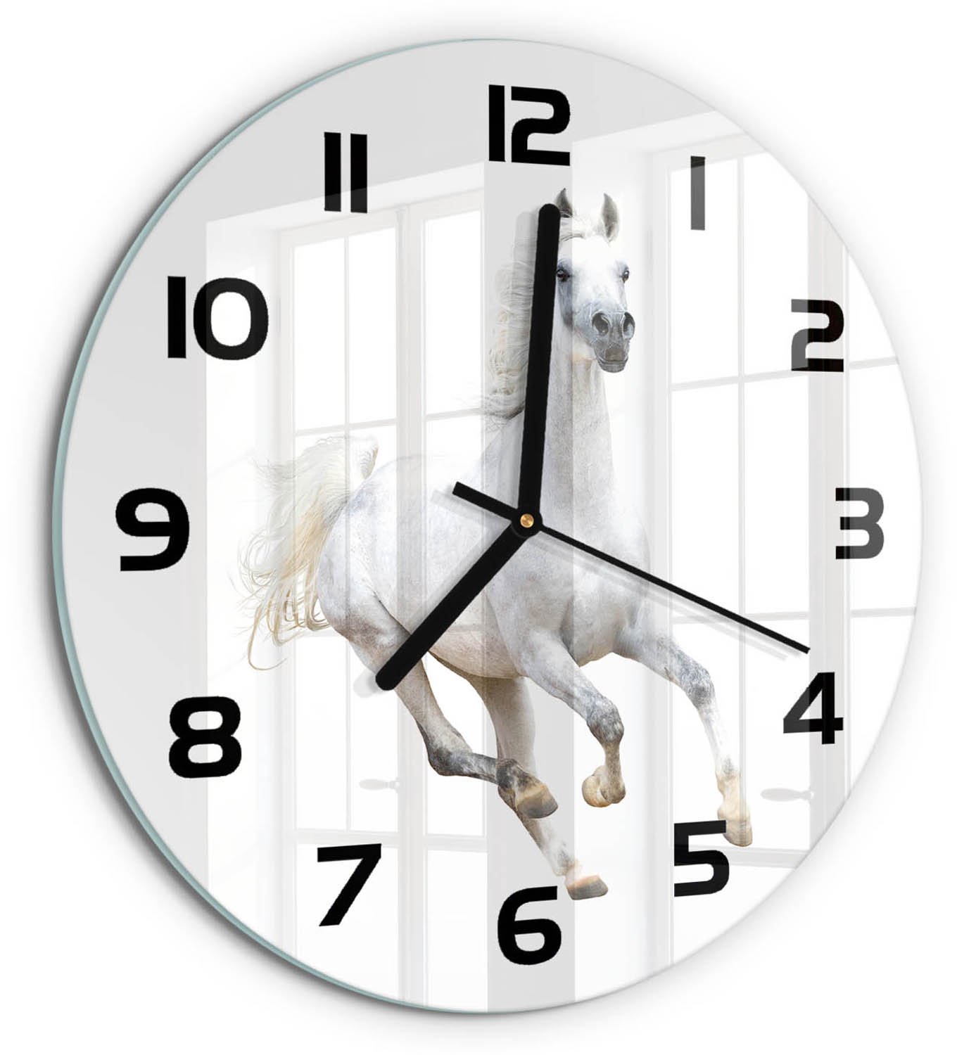 TULUP Wandklok - Wit Arabisch paard Glazen Klok Met Print - fi30 cm - Wit Wandklok Glas Met Motief - Zwarte handen - Ronde Klok - Wandklok Glas Decoratie - Gekleurde Glazen Klok