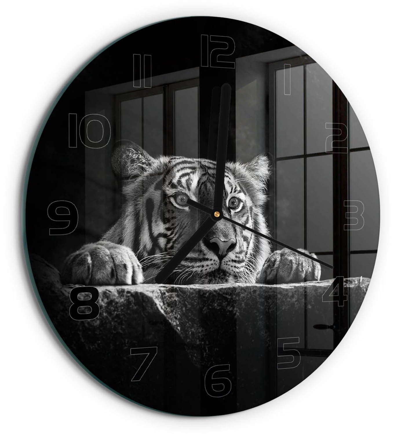 TULUP Wandklok - Tijger Klok Glas Met Opdruk - fi30 cm - Zwart-wit Moderne Wandklok Glas - Zwarte handen - Ronde Klok - Decoratieve Glazen Klok - Glazen Wandklok Design