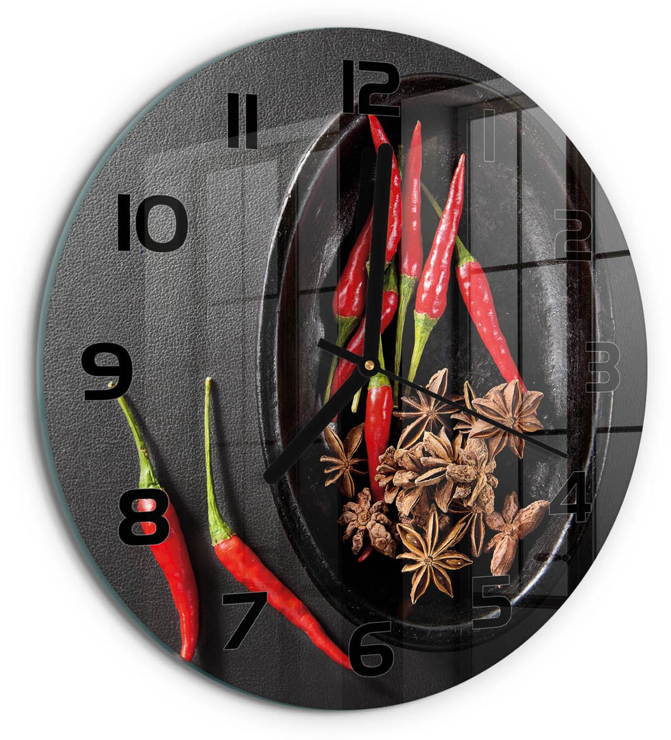 TULUP Wandklok - Chilipepers Gekleurde Glazen Klok - fi30 cm - Rood Glazen Klok Met Print - Zwarte handen - Ronde Klok - Moderne Wandklok Glas - Wandklok Glas Decoratie