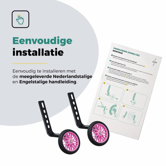 Roze zijwieltjes met zwarte stalen beugels en montagehandleiding voor eenvoudige installatie.