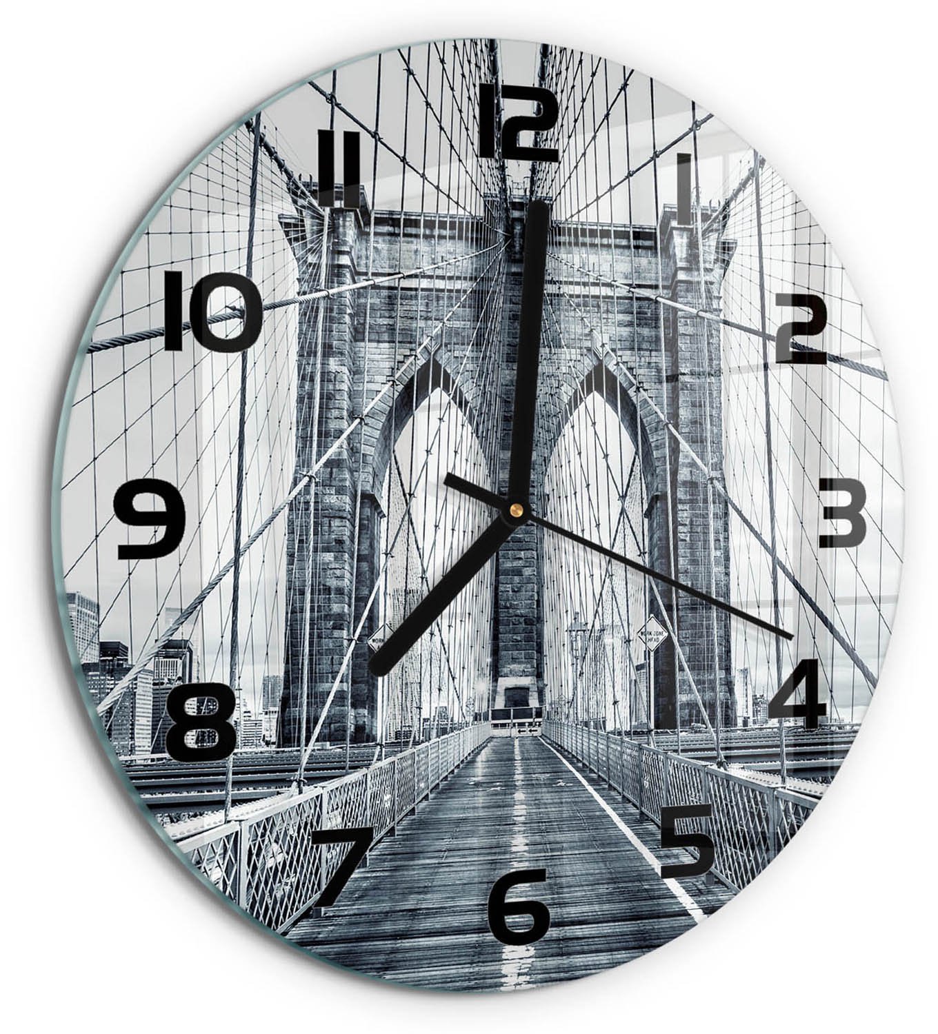 TULUP Wandklok - Brooklynbrug Wandklok Glas Decoratie - fi30 cm - Zwart-wit Gekleurde Glazen Klok - Zwarte handen - Ronde Klok - Klok Glas Met Opdruk - Moderne Wandklok Glas