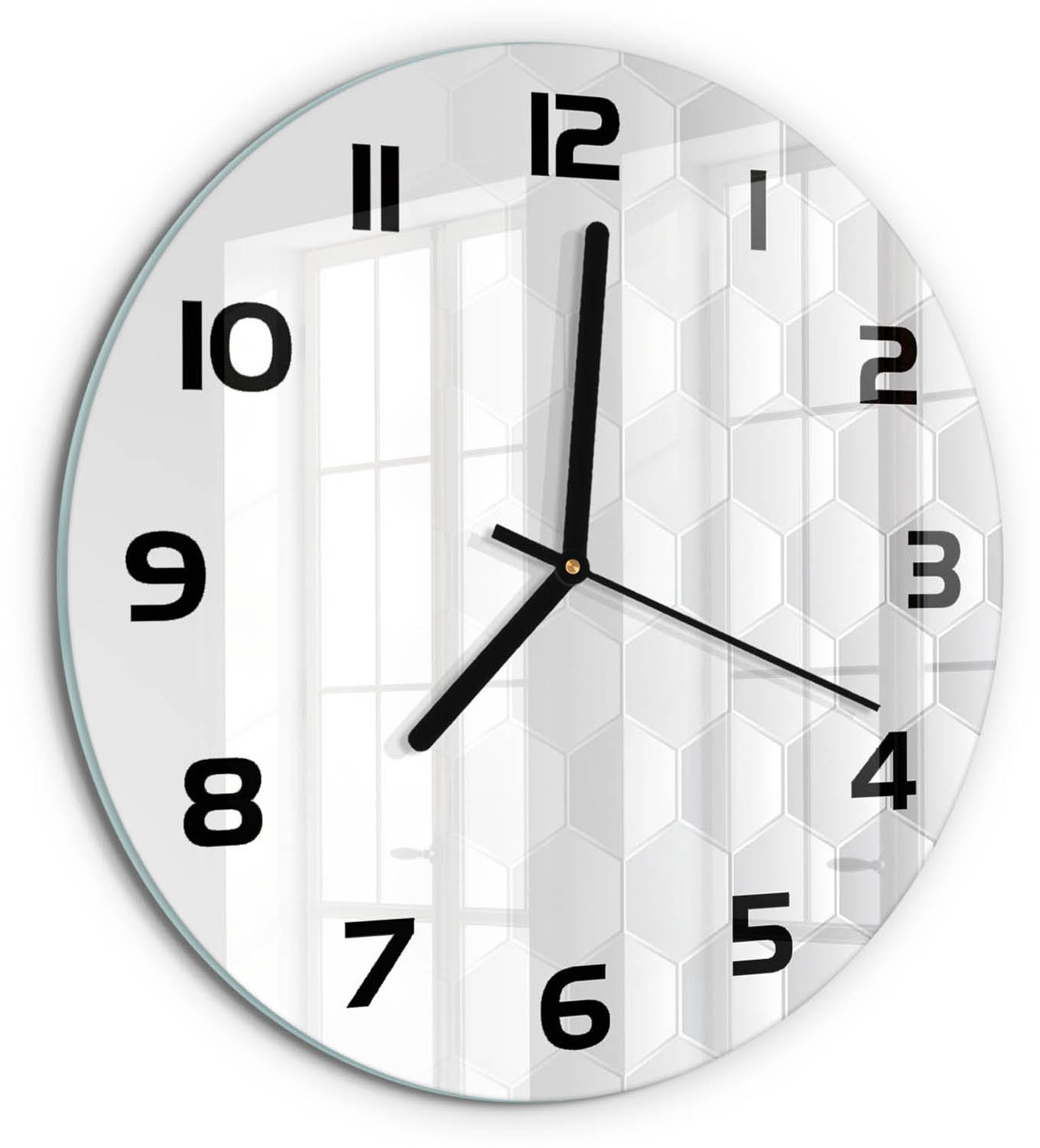 TULUP Wandklok - Zeshoekige achtergrond Wandklok Glas Decoratie - fi30 cm - Wit Gekleurde Glazen Klok - Zwarte handen - Ronde Klok - Klok Glas Met Opdruk - Moderne Wandklok Glas