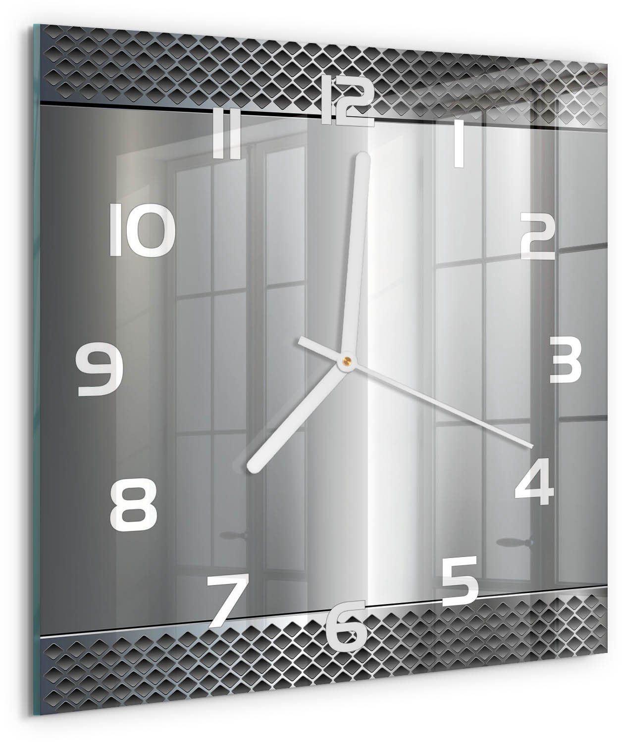 TULUP Wandklok - Metalen achtergrond Gekleurde Glazen Klok - 30x30 cm - Zilver Glazen Klok Met Print - Witte handen - Vierkante Klok - Moderne Wandklok Glas - Wandklok Glas Decoratie