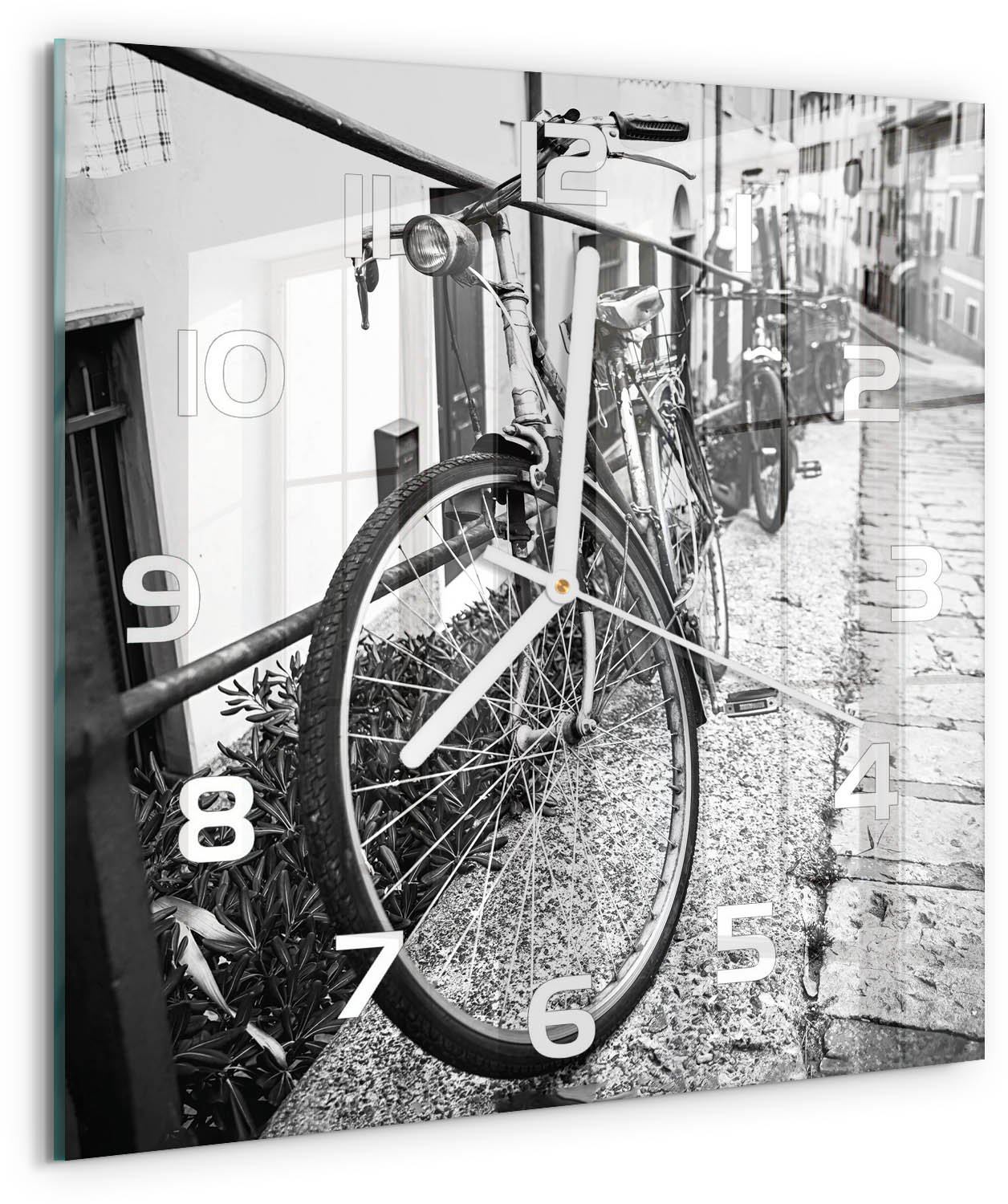 TULUP Wandklok - Stadsfietsen Wandklok Glas Decoratie - 30x30 cm - Zwart-wit Gekleurde Glazen Klok - Witte handen - Vierkante Klok - Klok Glas Met Opdruk - Moderne Wandklok Glas