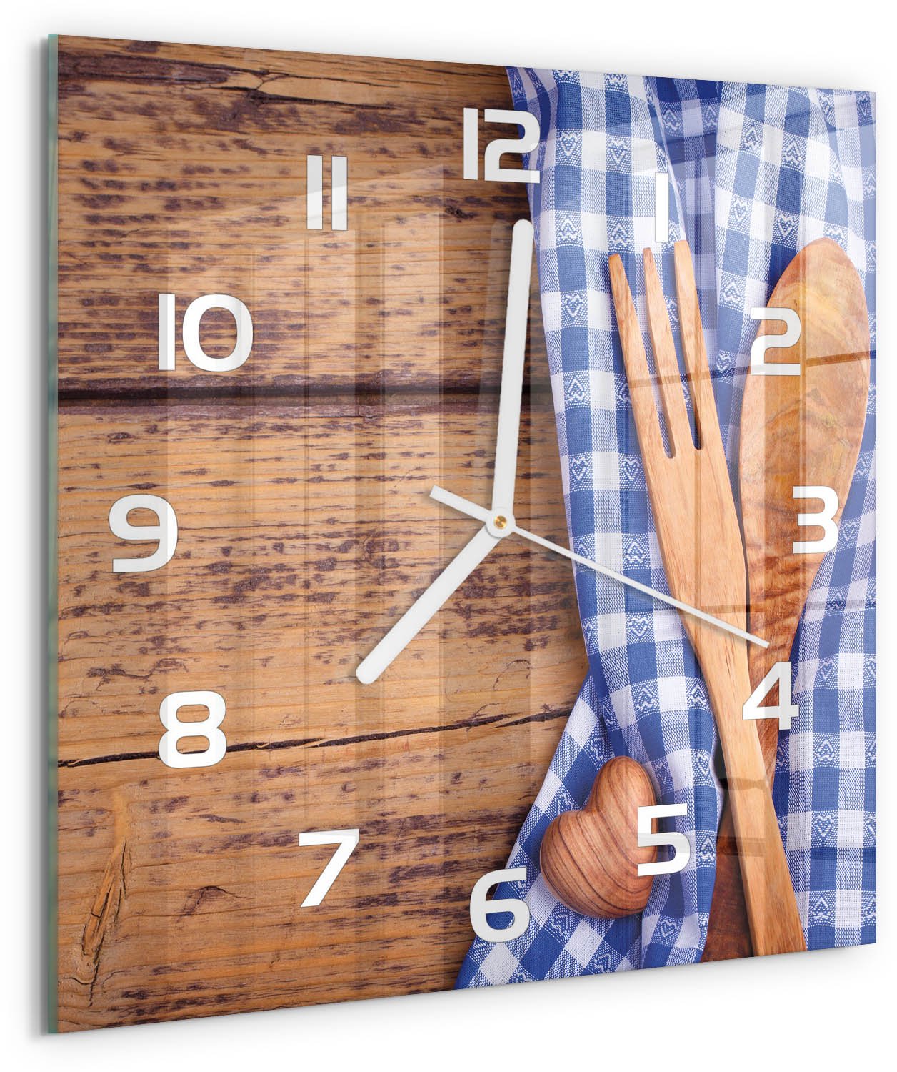 Tulup Wandklok - Houten bestek Gekleurde Glazen Klok - 30x30 cm - Blauw Glazen Klok Met Print - Witte handen - Vierkante Klok - Moderne Wandklok Glas - Wandklok Glas Decoratie