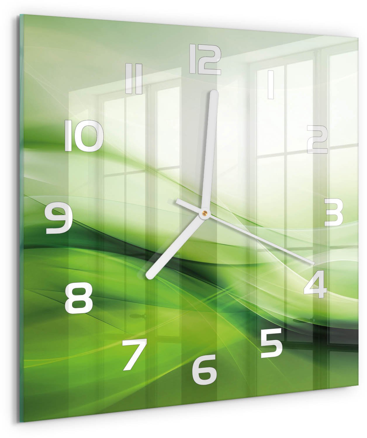Tulup Wandklok - Groene golven achtergrond Wandklok Glas Met Motief - 30x30 cm - Groente Decoratieve Glazen Klok - Witte handen - Vierkante Klok - Gekleurde Glazen Klok - Glazen Klok Met Print