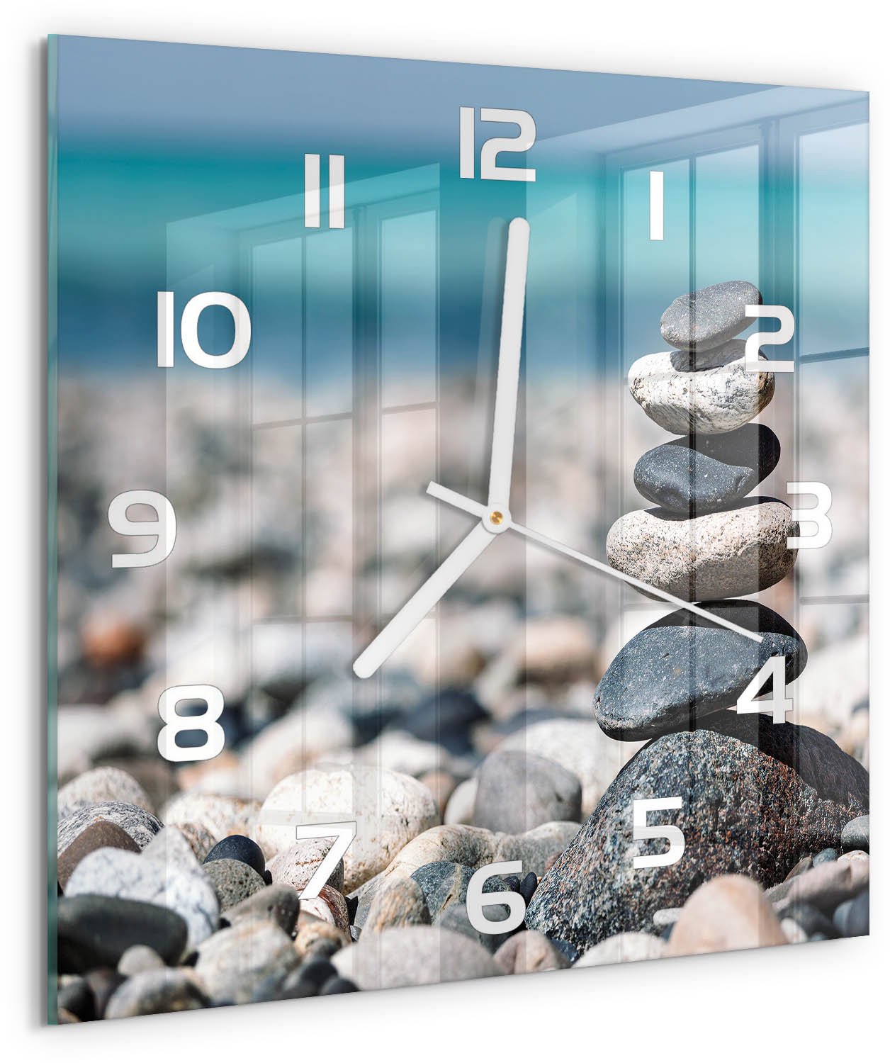 Tulup Wandklok - Stapel stenen Klok Glas Met Opdruk - 30x30 cm - Veelkleurig Moderne Wandklok Glas - Witte handen - Vierkante Klok - Decoratieve Glazen Klok - Glazen Wandklok Design