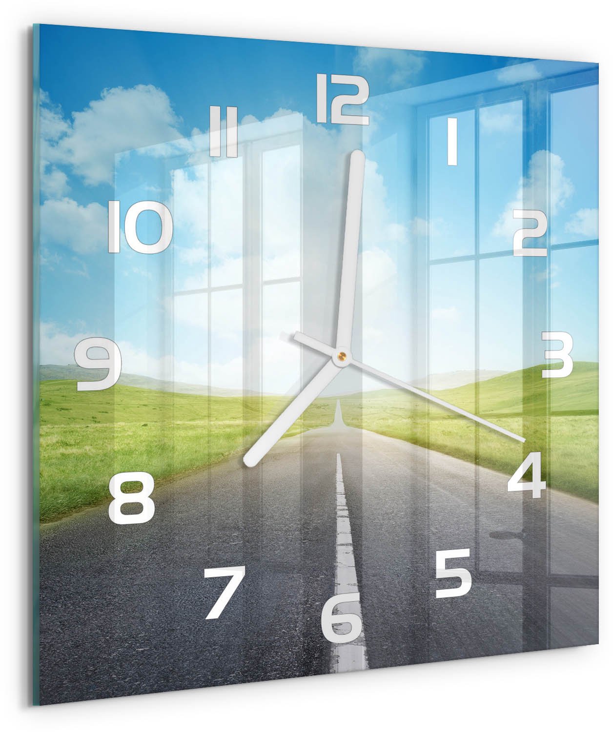Tulup Wandklok - De weg door de weide Moderne Wandklok Glas - 30x30 cm - Groente Wandklok Glas Decoratie - Witte handen - Vierkante Klok - Glazen Wandklok Design - Klok Glas Met Opdruk