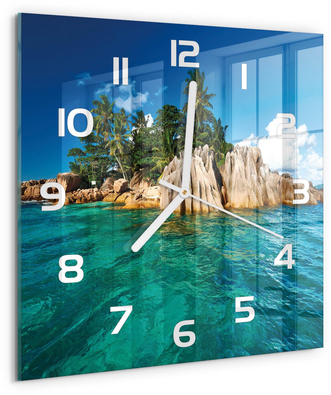 Tulup Wandklok - Tropisch eiland Decoratieve Glazen Klok - 30x30 cm - Blauw Glazen Wandklok Design - Witte handen - Vierkante Klok - Glazen Klok Met Print - Wandklok Glas Met Motief