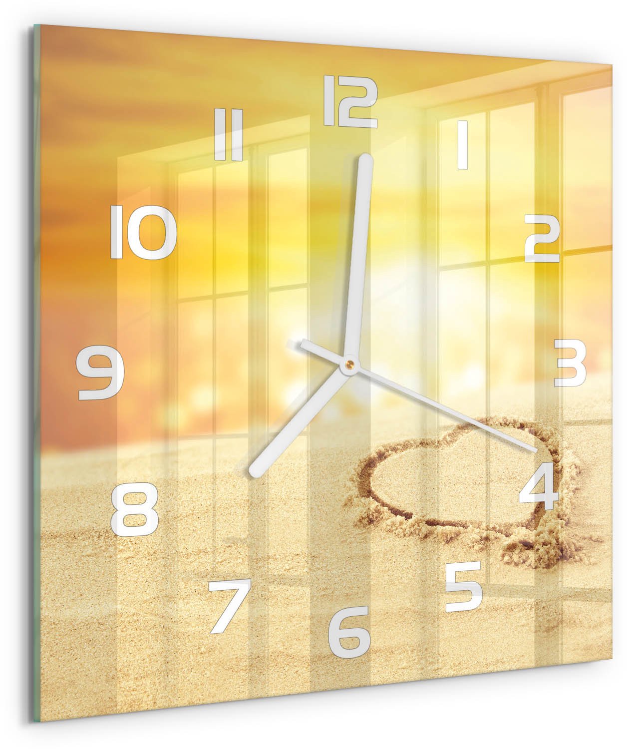 Tulup Wandklok - Hart in het zand Decoratieve Glazen Klok - 30x30 cm - Geel Glazen Wandklok Design - Witte handen - Vierkante Klok - Glazen Klok Met Print - Wandklok Glas Met Motief