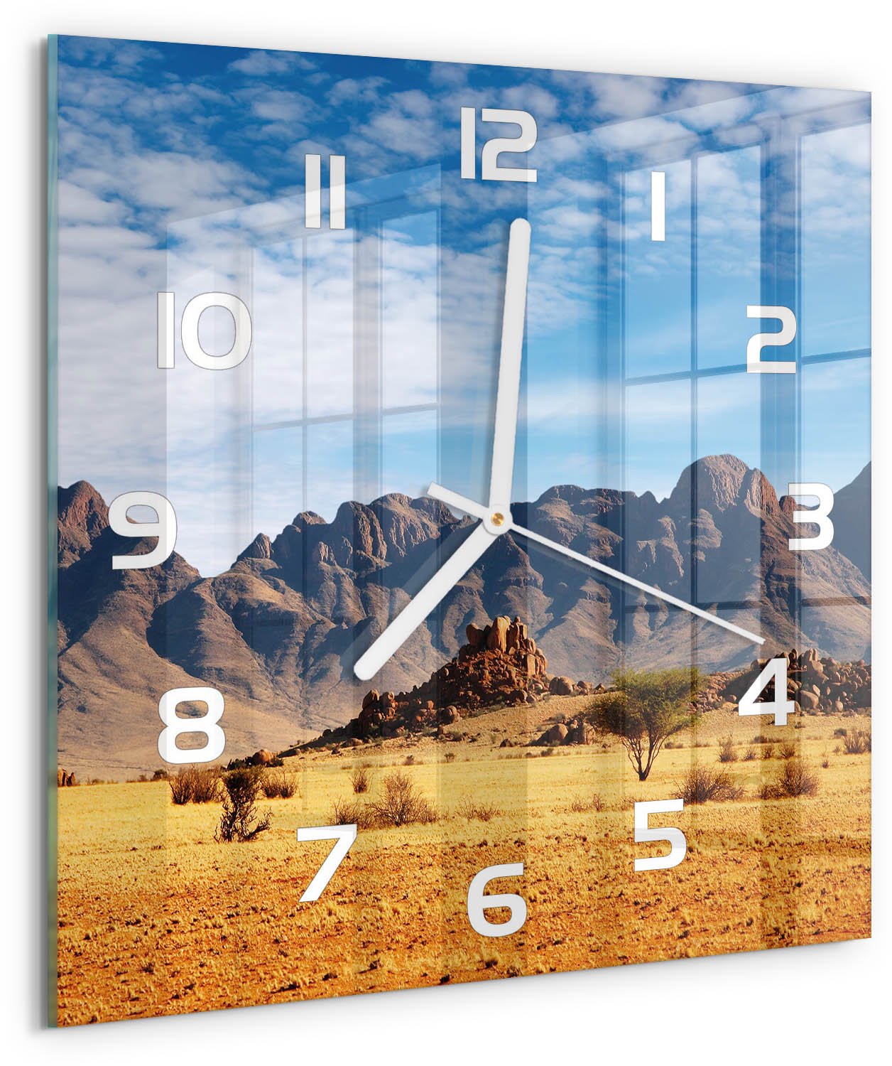 Tulup Wandklok - Rotsen in Namibië Glazen Klok Met Print - 30x30 cm - Oranje Wandklok Glas Met Motief - Witte handen - Vierkante Klok - Wandklok Glas Decoratie - Gekleurde Glazen Klok