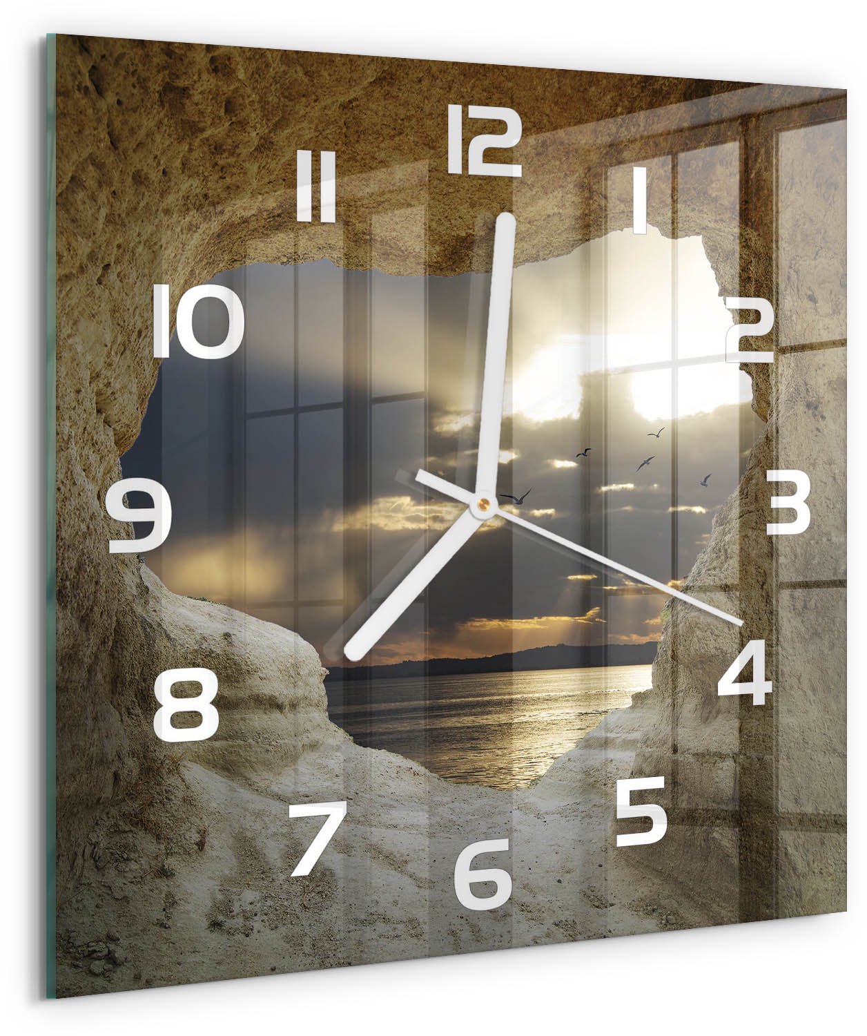 Tulup Wandklok - Zeegrot Glazen Wandklok Design - 30x30 cm - Beige Klok Glas Met Opdruk - Witte handen - Vierkante Klok - Wandklok Glas Met Motief - Decoratieve Glazen Klok