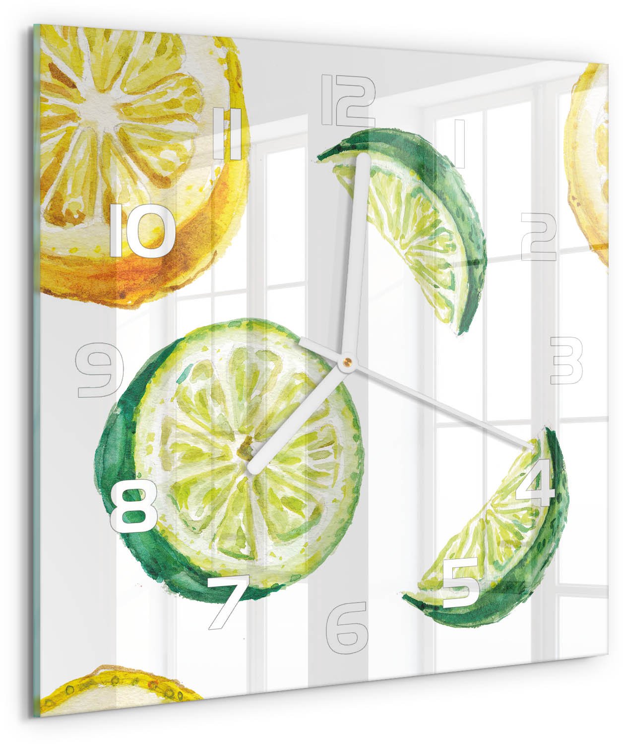 Tulup Wandklok - Citroen en limoen Glazen Klok Met Print - 30x30 cm - Groente Wandklok Glas Met Motief - Witte handen - Vierkante Klok - Wandklok Glas Decoratie - Gekleurde Glazen Klok