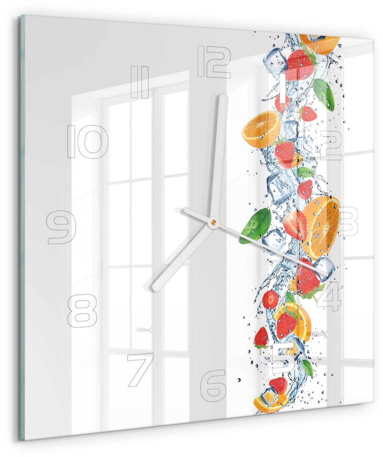 Tulup Wandklok - Fruit met ijs Wandklok Glas Decoratie - 30x30 cm - Veelkleurig Gekleurde Glazen Klok - Witte handen - Vierkante Klok - Klok Glas Met Opdruk - Moderne Wandklok Glas