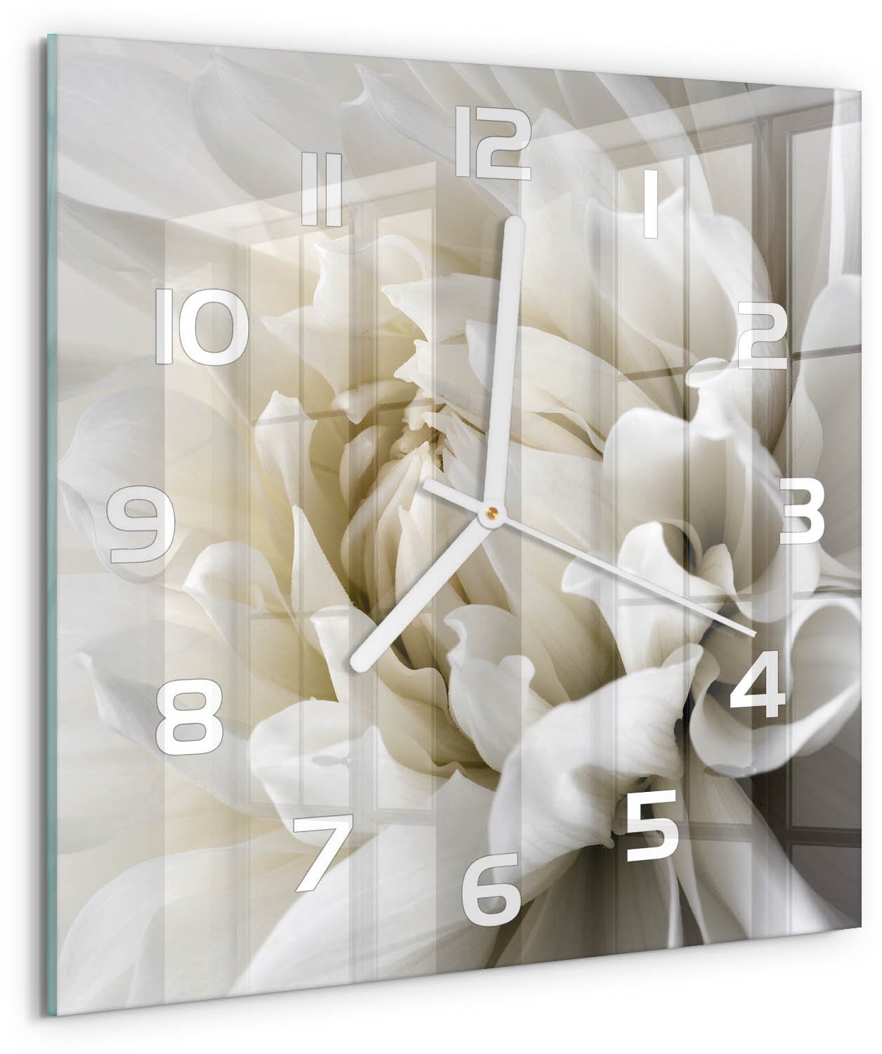 Tulup Wandklok - Witte dahlia Glazen Klok Met Print - 30x30 cm - Wit Wandklok Glas Met Motief - Witte handen - Vierkante Klok - Wandklok Glas Decoratie - Gekleurde Glazen Klok