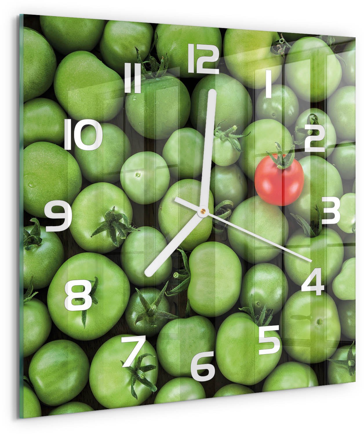 Tulup Wandklok - Rijpe tomaat Gekleurde Glazen Klok - 30x30 cm - Rood Glazen Klok Met Print - Witte handen - Vierkante Klok - Moderne Wandklok Glas - Wandklok Glas Decoratie