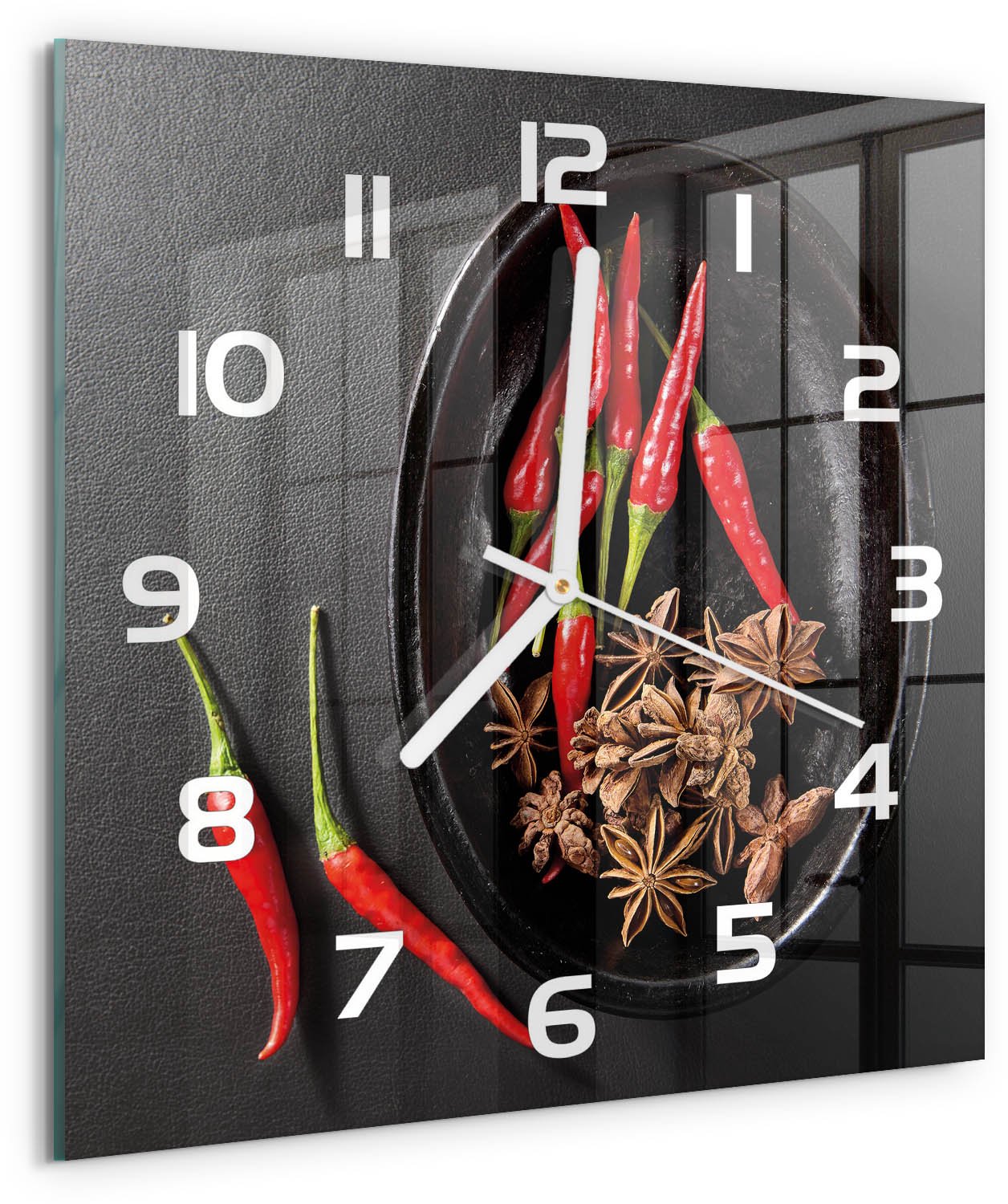 Tulup Wandklok - Chilipepers Glazen Klok Met Print - 30x30 cm - Rood Wandklok Glas Met Motief - Witte handen - Vierkante Klok - Wandklok Glas Decoratie - Gekleurde Glazen Klok