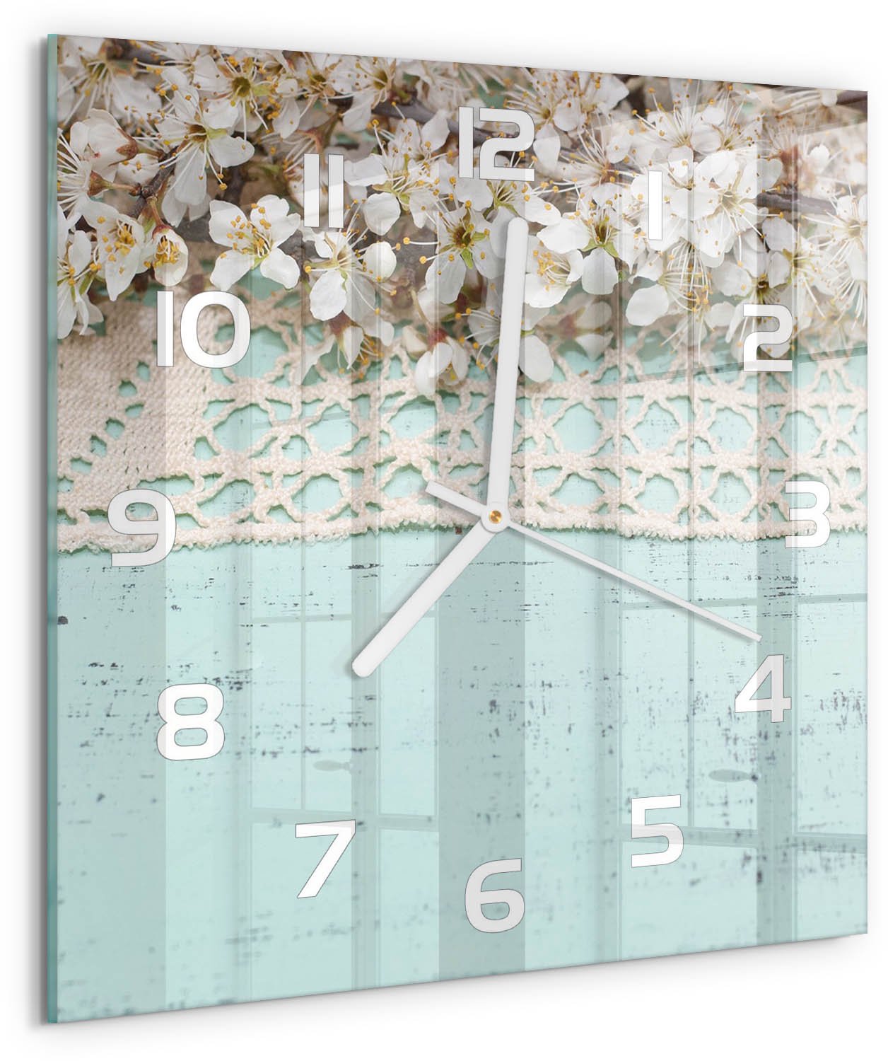 Tulup Wandklok - Kersenbloesem Klok Glas Met Opdruk - 30x30 cm - Beige Moderne Wandklok Glas - Witte handen - Vierkante Klok - Decoratieve Glazen Klok - Glazen Wandklok Design