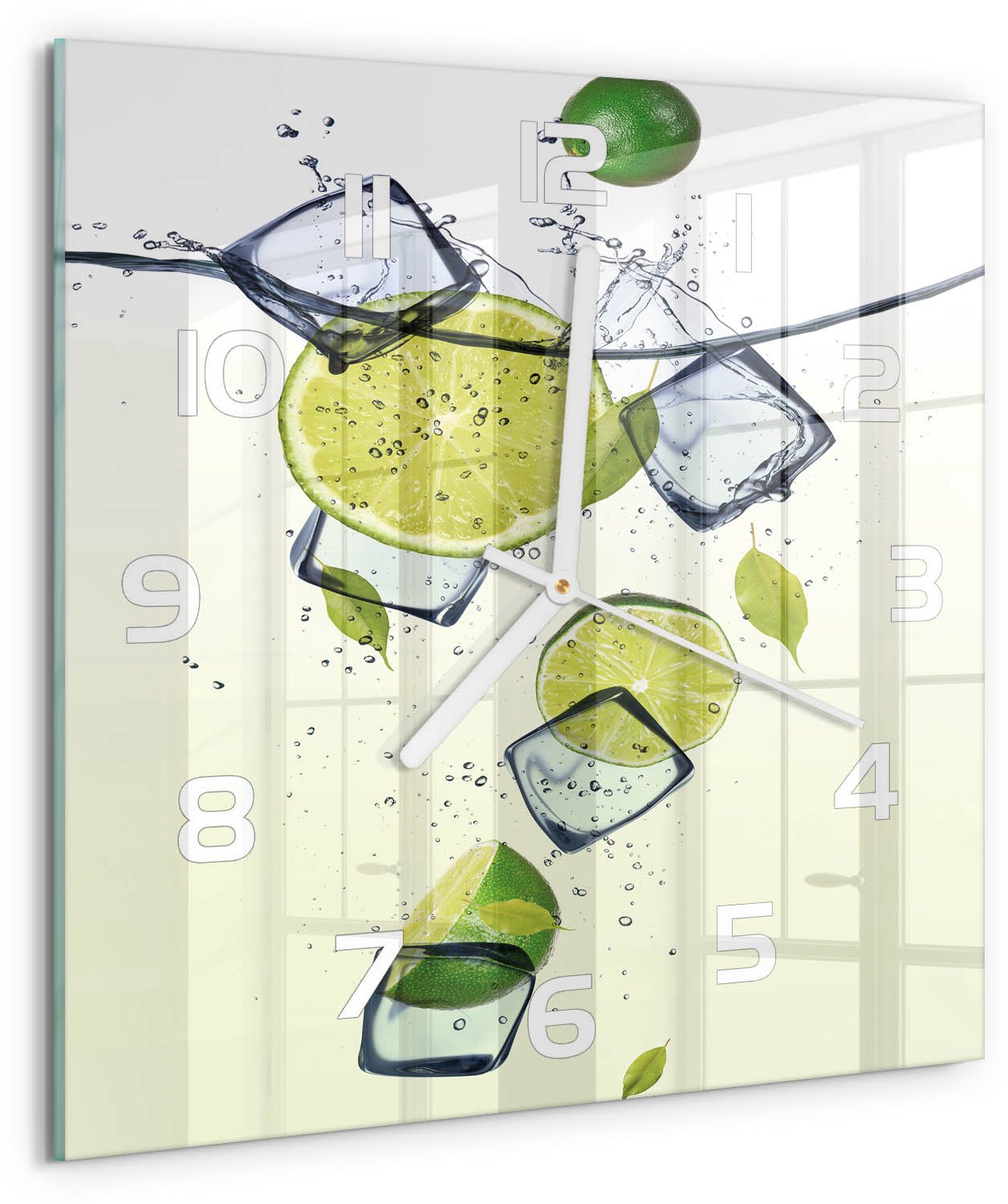 Tulup Wandklok - Limoenen en ijs Moderne Wandklok Glas - 30x30 cm - Groente Wandklok Glas Decoratie - Witte handen - Vierkante Klok - Glazen Wandklok Design - Klok Glas Met Opdruk