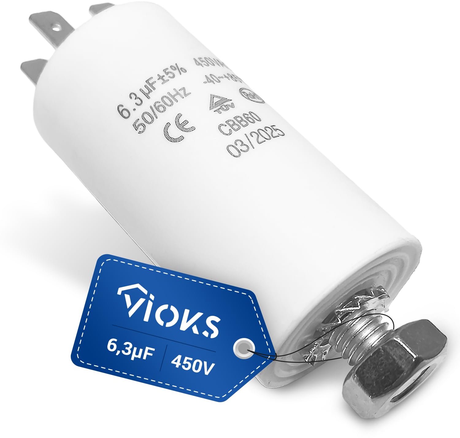 CBB60 condensator 6.3 µF - 450V spanning - M8 bevestiging - ideaal voor huishoudelijke apparaten - ShopVlot