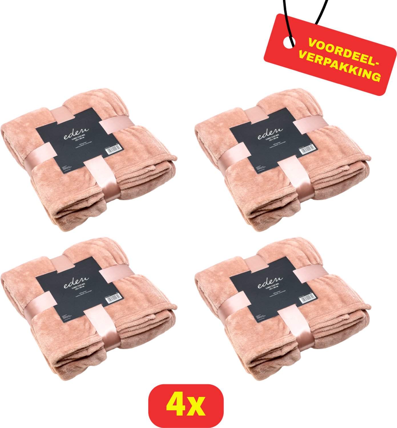 Eden Flanellen Plaid Roze - Luxe Fleece Dekentje - Zacht - 130x180 cm - 4 stuks - Voordeelverpakking