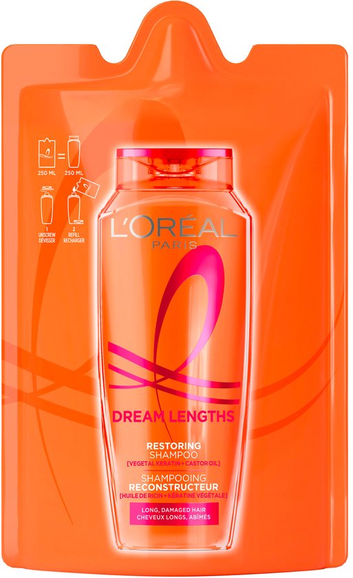 L'Oréal Paris Dream Lengths Shampoo in navulverpakking, 250 ml. Oranje verpakking met roze flesje en witte tekst.