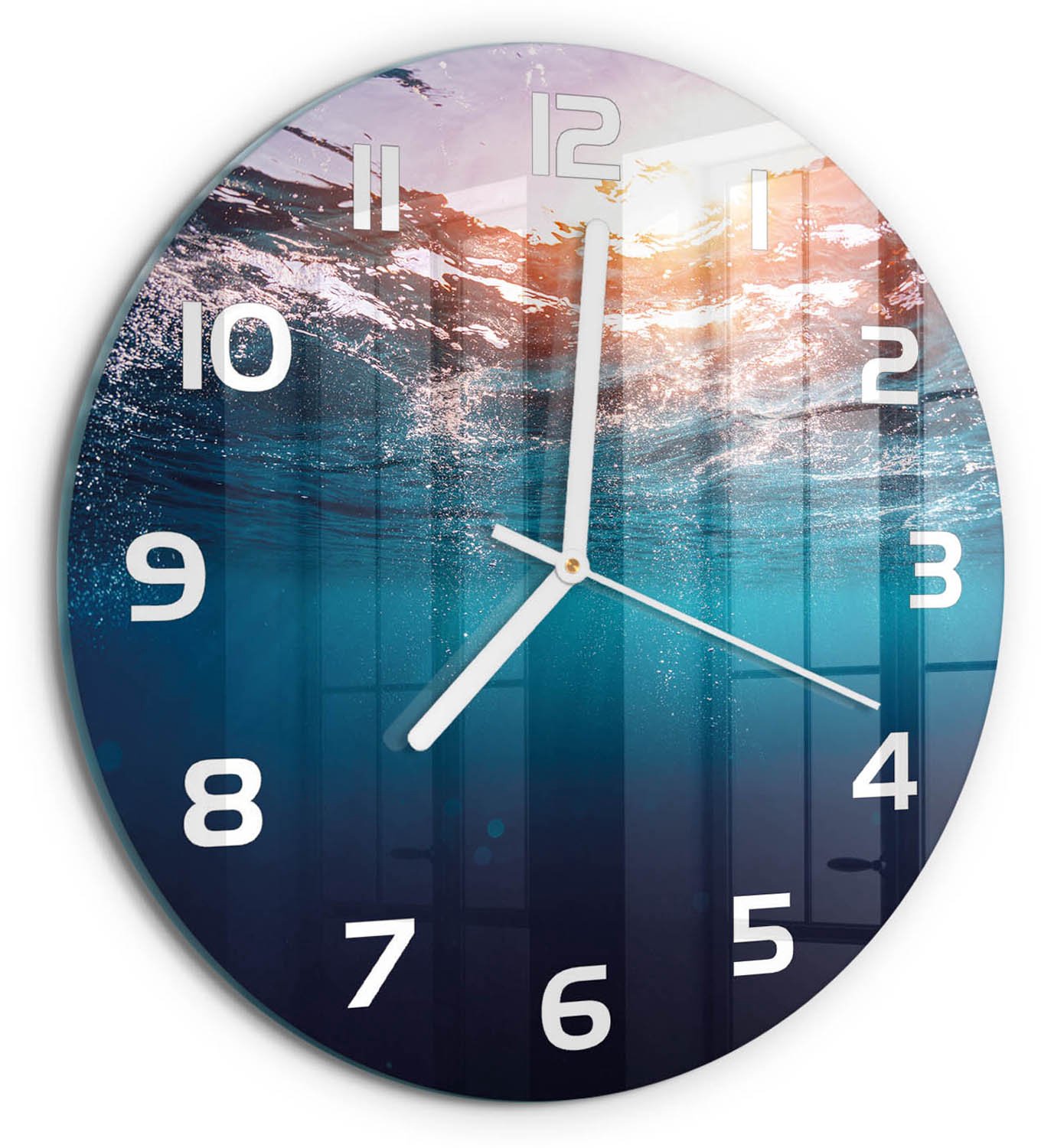 TULUP Wandklok - Onderwaterwereld Glazen Klok Met Print - fi30 cm - Blauw Wandklok Glas Met Motief - Witte handen - Ronde Klok - Wandklok Glas Decoratie - Gekleurde Glazen Klok